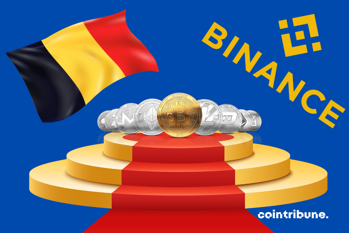 Pièces de cryptomonnaies, tapis rouge et podium, drapeau belge et logo de Binance
