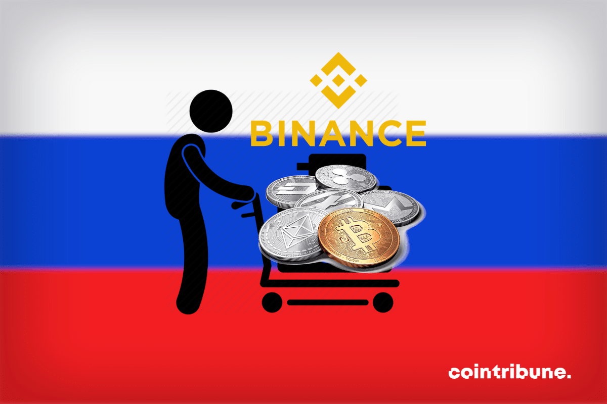 Russian flag, travel icon, cryptocurrency coins and Binance logo