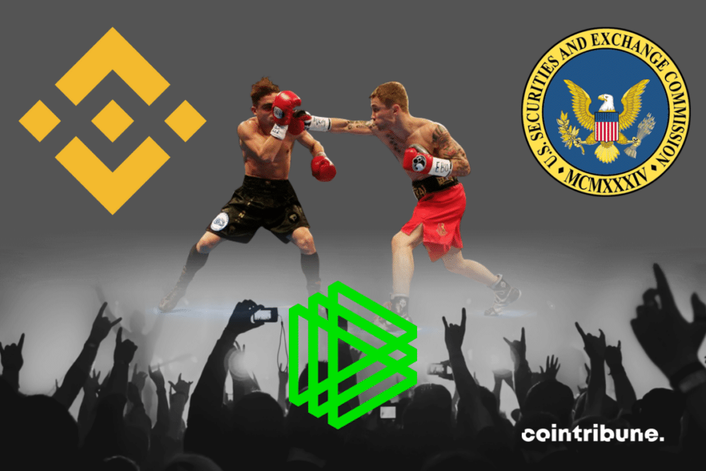 Photos de boxeurs et de foule, logos de la SEC, de Binance et de Paradigm