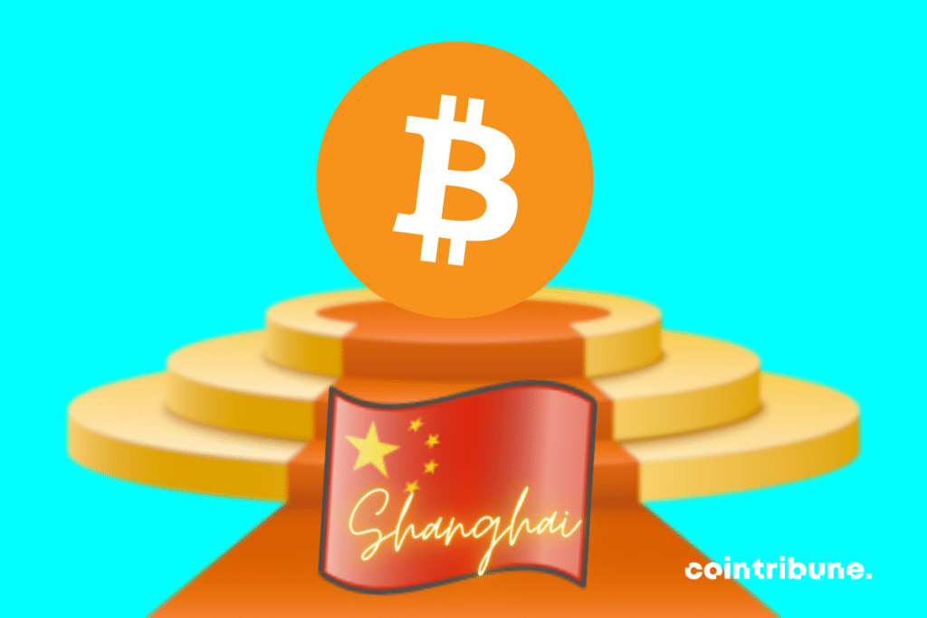 Logo de bitcoin sur un podium, drapeau chinois et mention "Shanghai"
