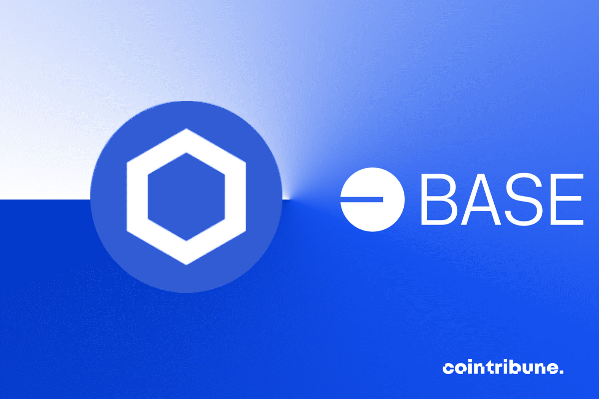 Logos de Chainlink et de Base, la blockchain de l'exchange crypto Coinbase