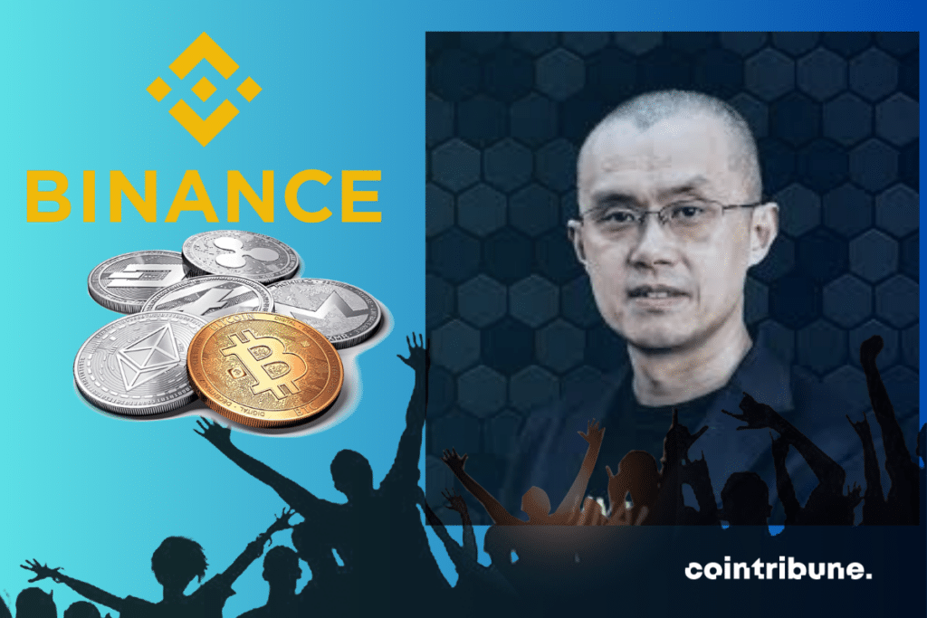 Image de foule, de pièces de cryptos et de CZ, logo de Binance