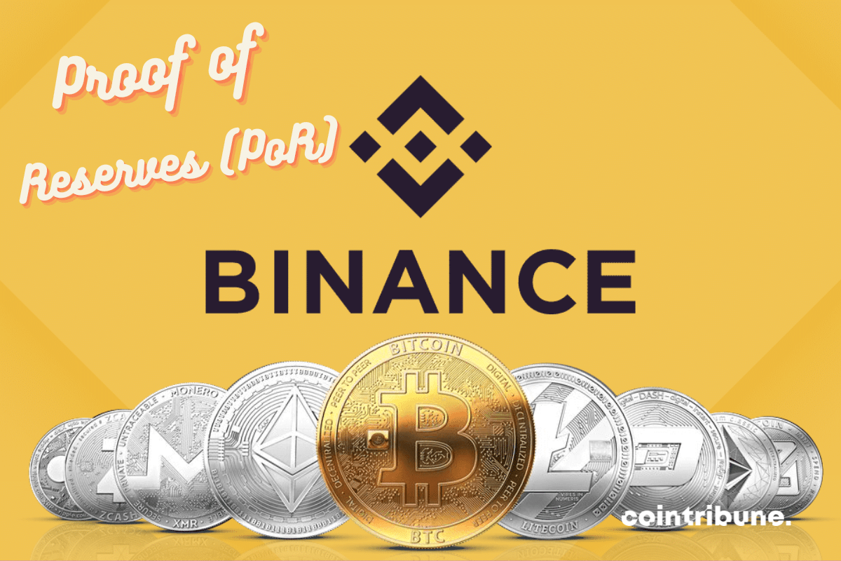 Crypto coins, Binance logo, and the words "Proof-of-Reserves (PoR)".