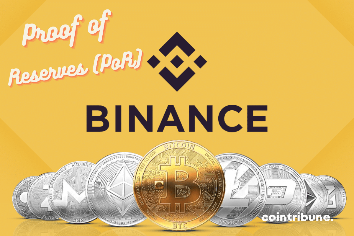 Pièces de cryptos, logo de Binance, et mention "Proof-of-Reserves (PoR)".