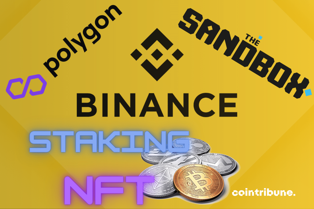 Logos de Binance, The SandBox et Polygon, pièces de cryptomonnaies et mention "Staking NFT"