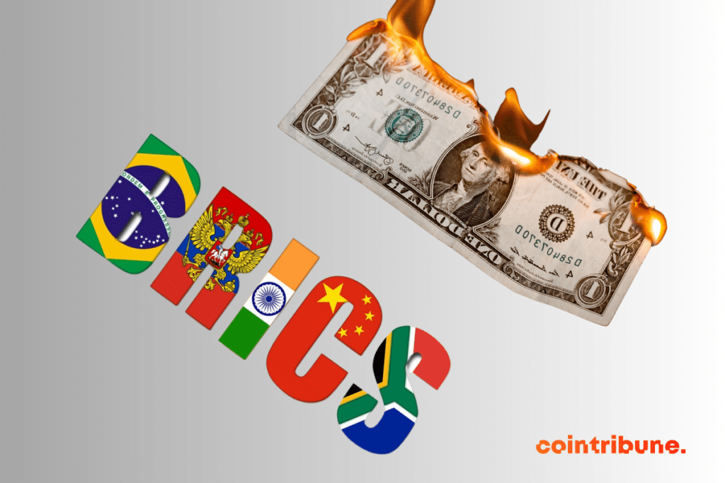 The BRICS inscription and a burning dollar bill
