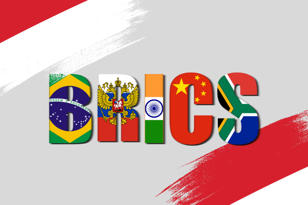 Inscription "BRICS" avec un fond composé des deux couleurs du drapeau de l'Indonésie : le rouge et le blanc
