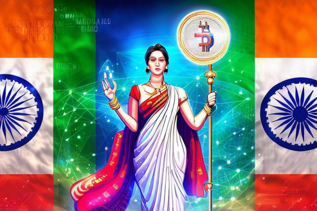 A powerful female figure, representing Finance Minister Nirmala Sitharaman, firmly holds a luminous scepter carved with cryptocurrency symbols.