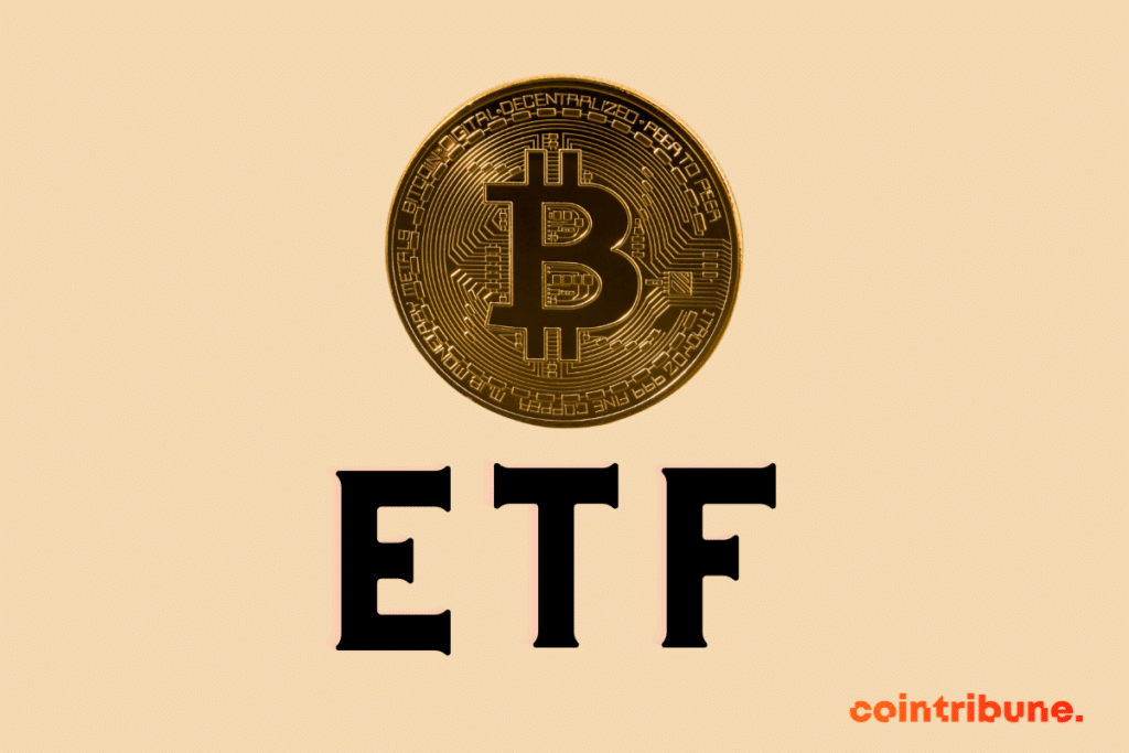 Image montrant une pièce de bitcoin, la crypto phare et l'inscription ETF