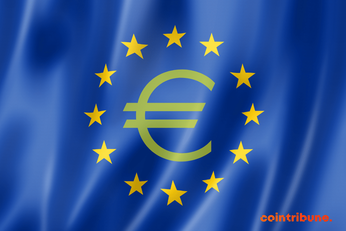 Le symbole euro au centre du drapeau européen. Cette image illustre l'article dont le titre est : Crypto : Un expert appelle à la retenue concernant l’euro numérique