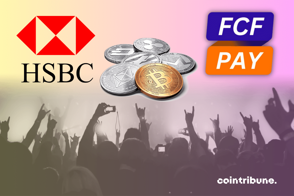 Photo de foule, pièces de cryptomonnaies, logos de HSBC et FCF Pay