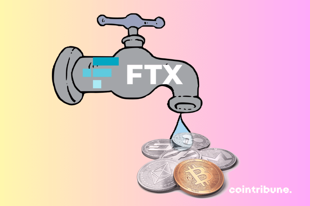 Image de robinet, pièces de cryptomonnaies et logo de FTX
