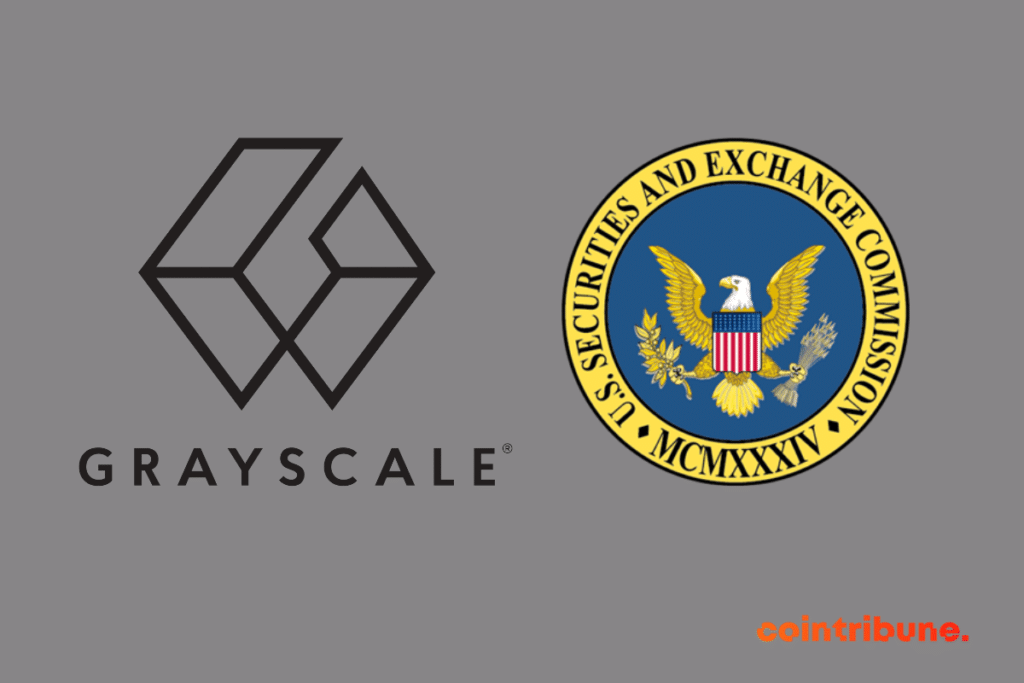 Logos de la SEC et de Grayscale, la firme qui met la pression au gendarme américain des marchés financiers pour obtenir son ETF Bitcoin