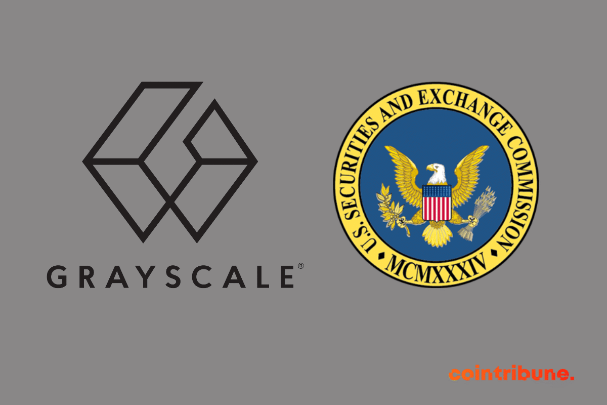 Logos de la SEC et de Grayscale, la firme qui met la pression au gendarme américain des marchés financiers pour obtenir son ETF Bitcoin
