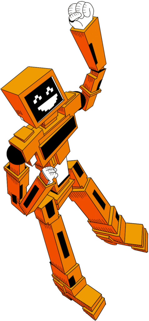 Mascotte cointribune sautant en l'air, représenté par un robot orange