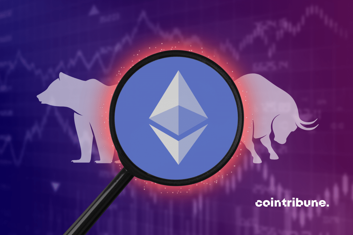 Logo Ethereum encadré par une loupe avec en fond un graphique en couleur ainsi qu’un taureau et un ours blanc.