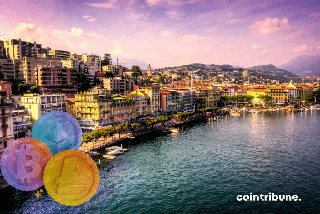 Une vue sur Lugano et quelques pièces de cryptos phares