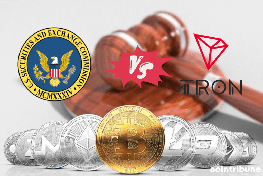 Pièces de cryptomonnaies, logos de la SEC et de Tron