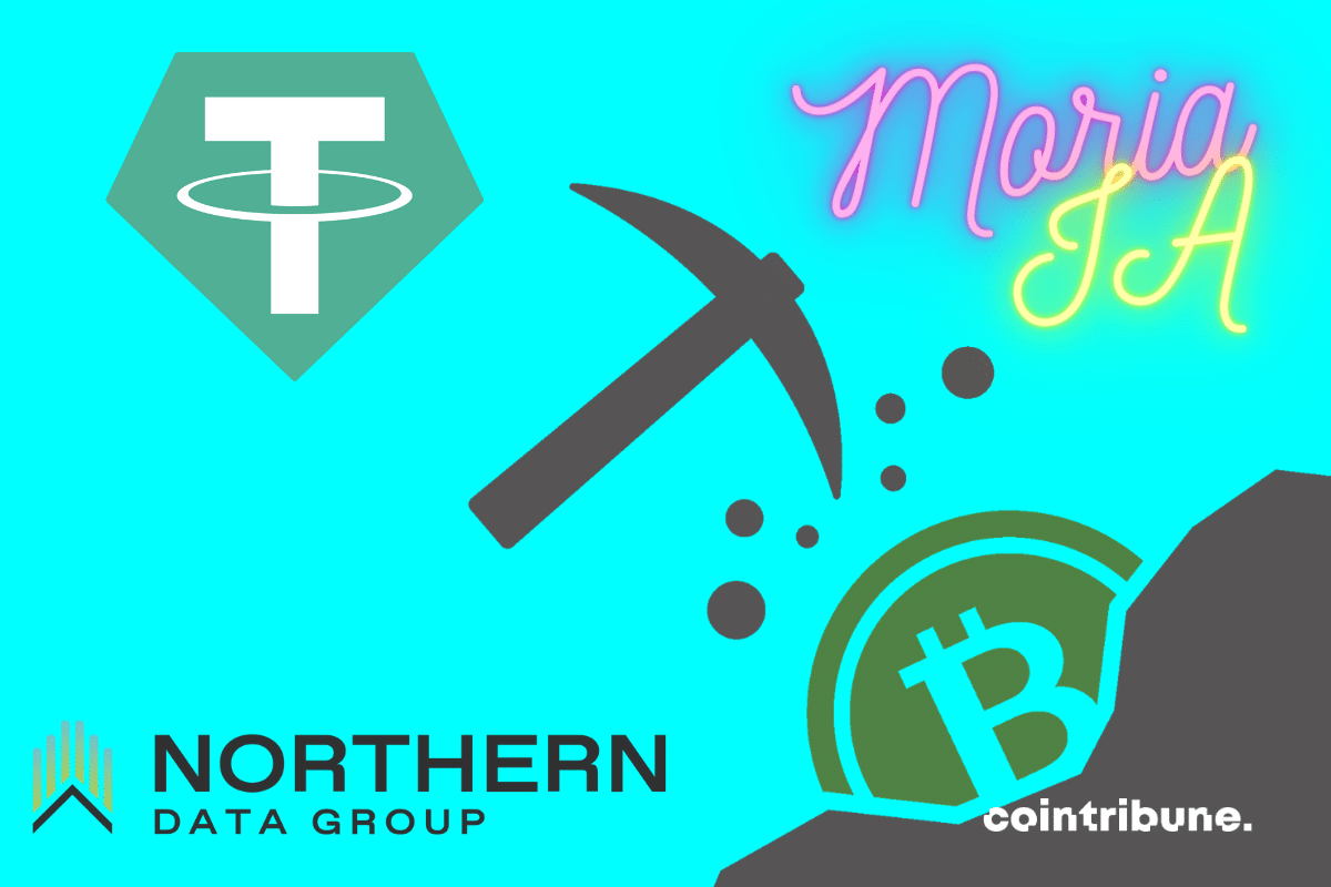 Vecteur MINING BITCOIN, logos de TETHER et de Northern Data Group, mention "Moria IA"