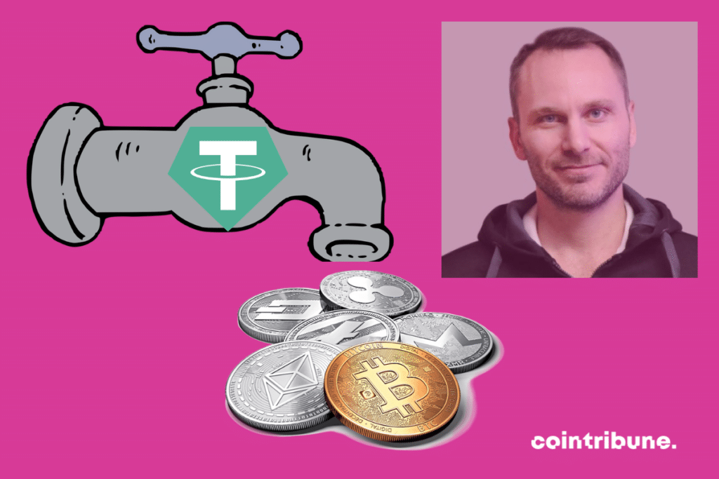 Image de robinet, logo de TETHER, pièces de CRYPTO, photo de Paolo Ardoino