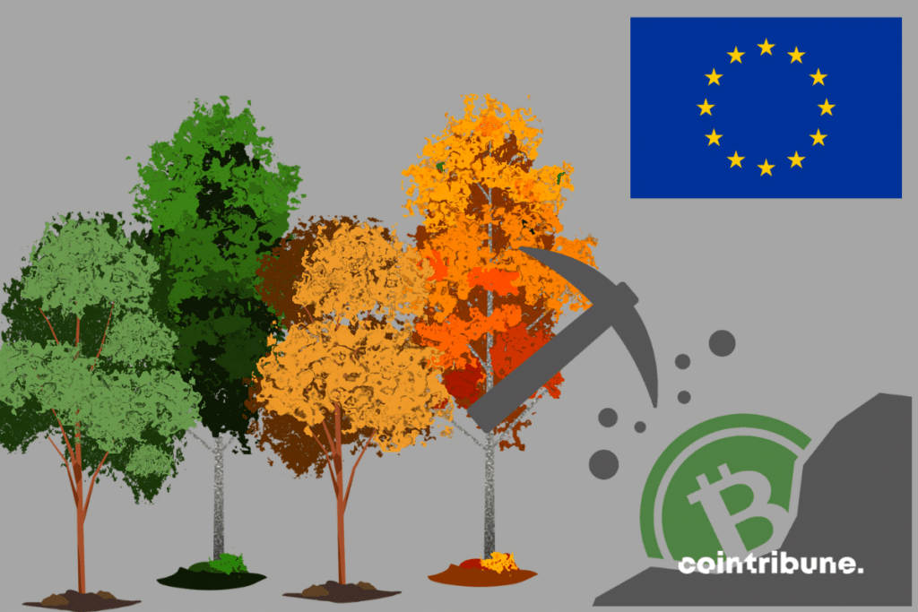 Drapeau de l'UE, vecteur de mining de bitcoin et photos d'arbres