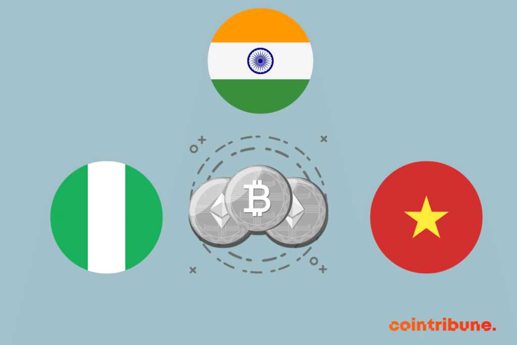 Image montrant les drapeaux des trois pays en en tête du classement de l'adoption crypto de Chainalysis et les logos de quelques cryptomonnaies