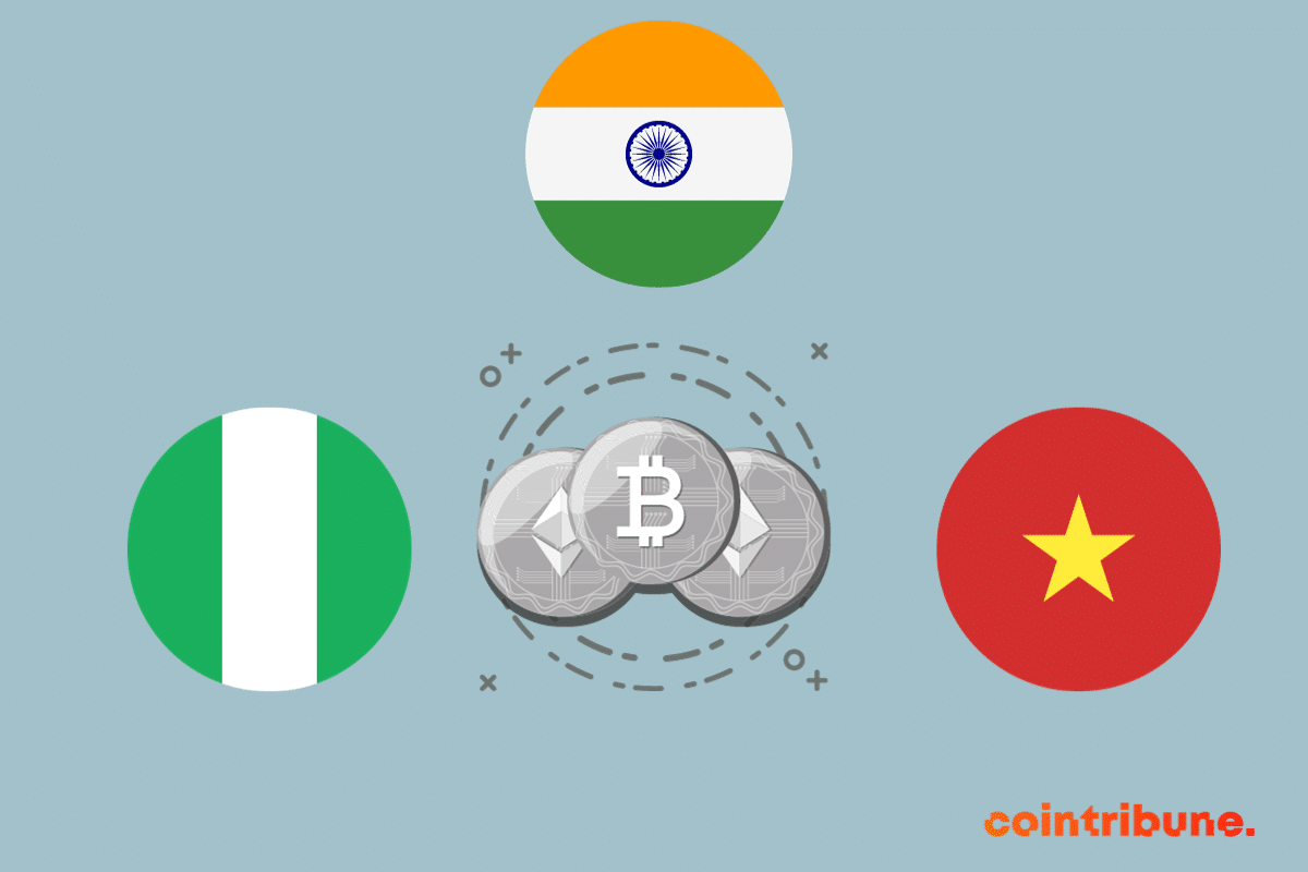 Image montrant les drapeaux des trois pays en en tête du classement de l'adoption crypto de Chainalysis et les logos de quelques cryptomonnaies