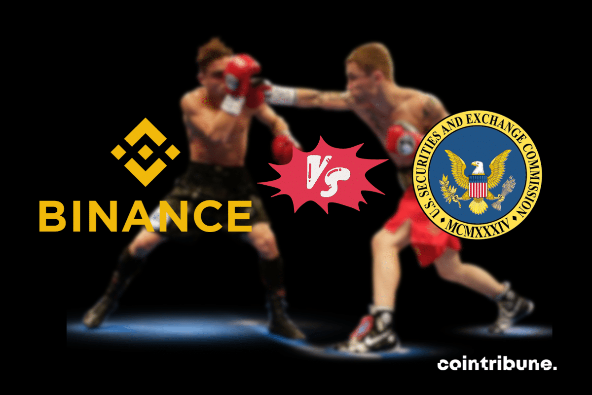 Photo de boxeurs, logo de BINANCE et de la SEC
