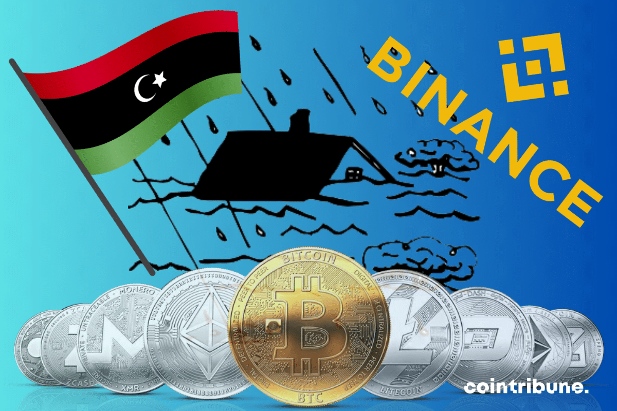 Vecteur inondation, drapeau de la Libye, logo de Binance et pièces de cryptomonnaies