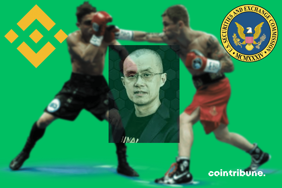 Photo of boxers, SEC and Binance logos, portrait of CZ.