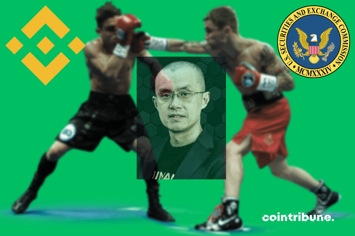 Photo de boxeurs, logos de la SEC et de Binance, portrait de CZ