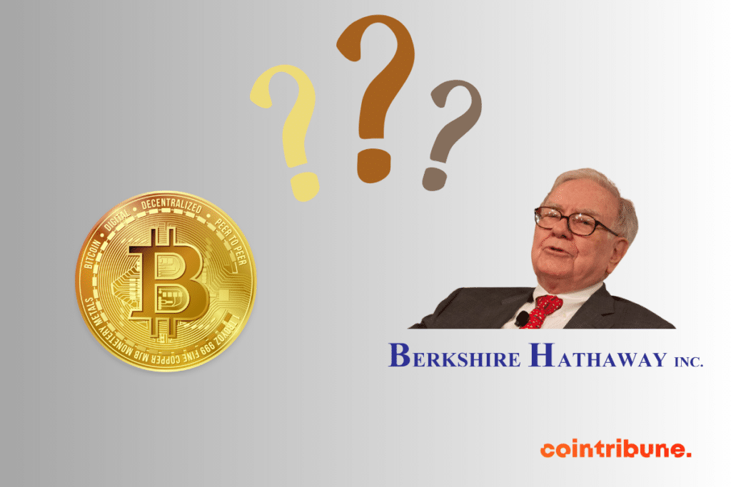 Une pièce de bitcoin et une photo de l'investisseur américain Warren Buffet séparées par trois points d'interrogation