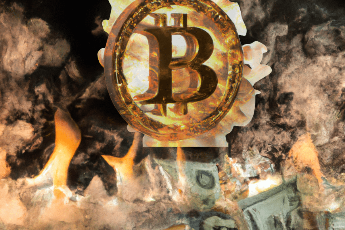 Un gros feu qui brule les dollars mais le Bitcoin resiste