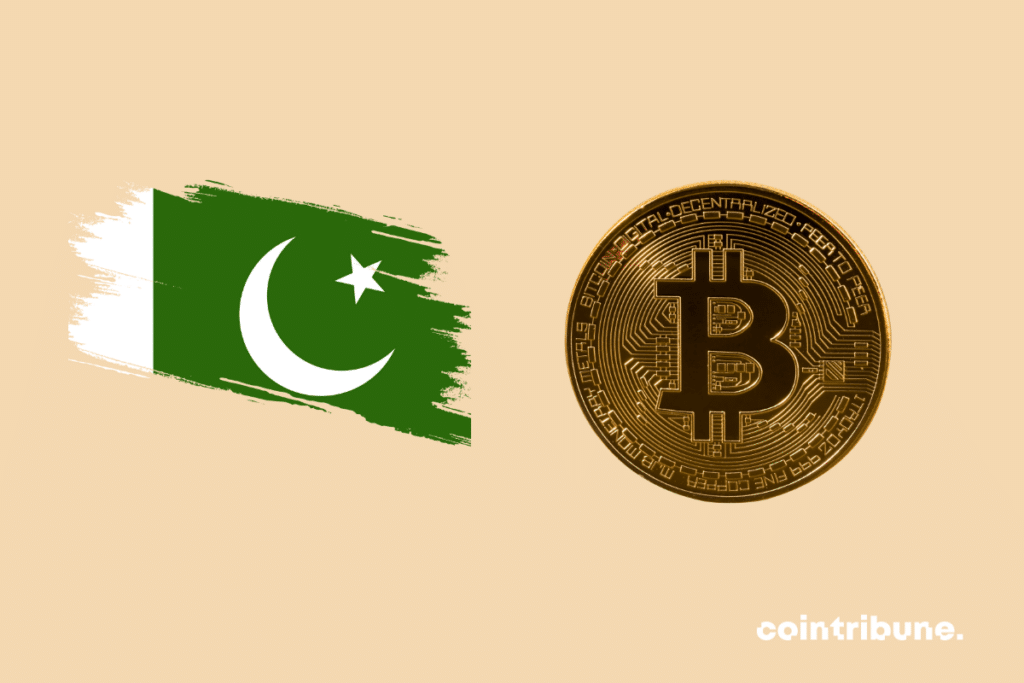Le drapeau du Pakistan et une pièce physique du bitcoin, la crypto phare.
