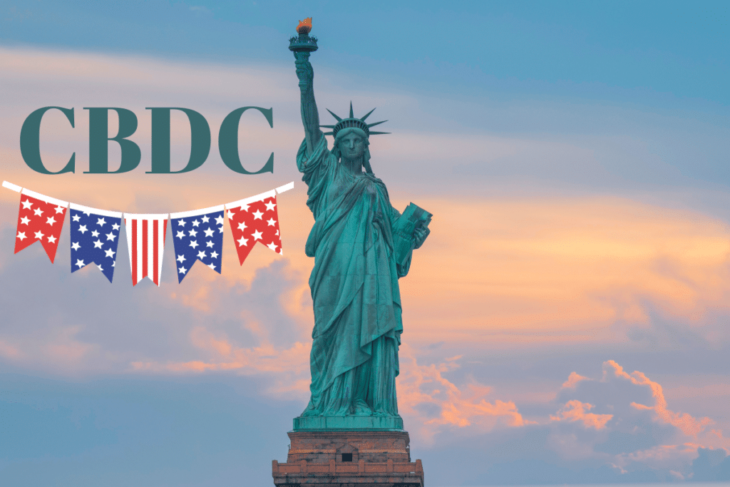 The Statue of Liberty and the word CBDC