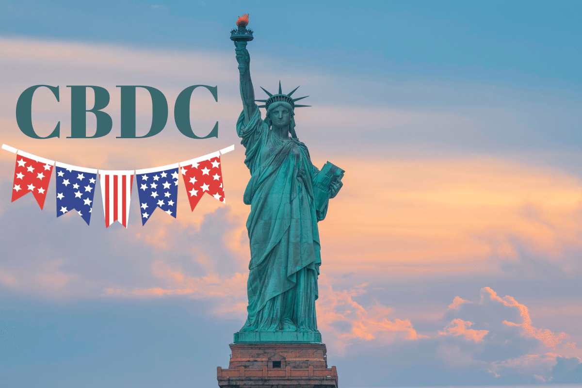 The Statue of Liberty and the word CBDC