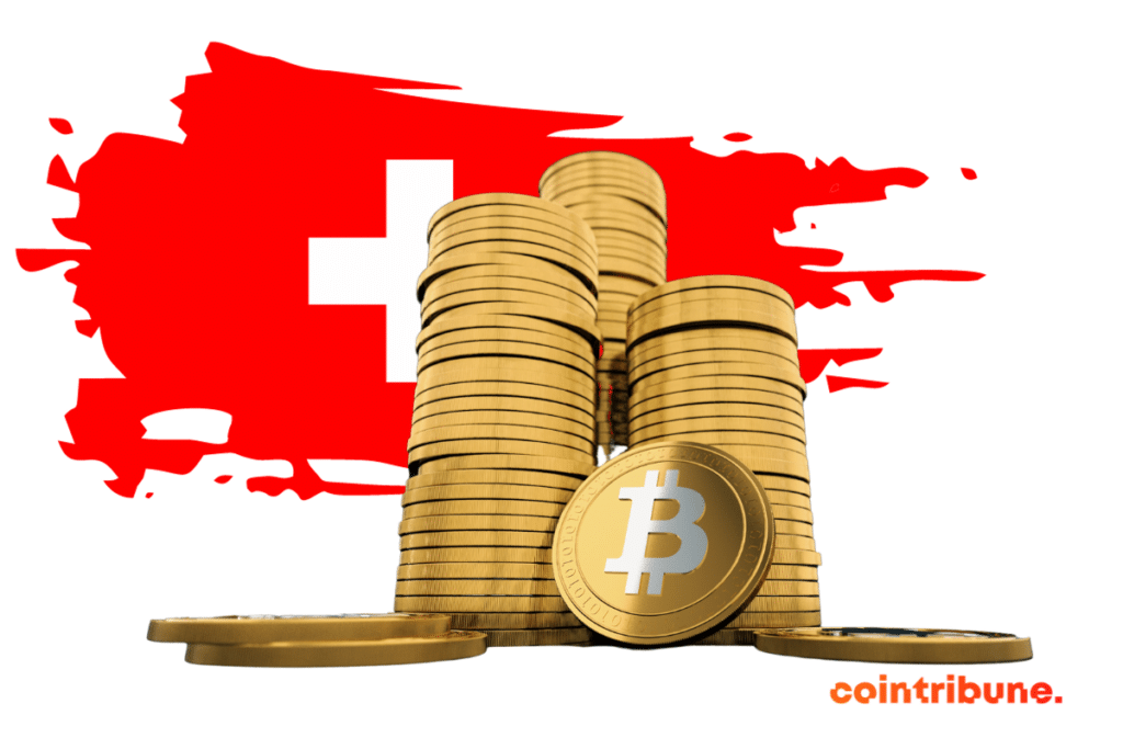Quelques pièces de cryptos dont le bitcoin, la cryptomonnaie phare et en arrière-plan, le drapeau de la Suisse