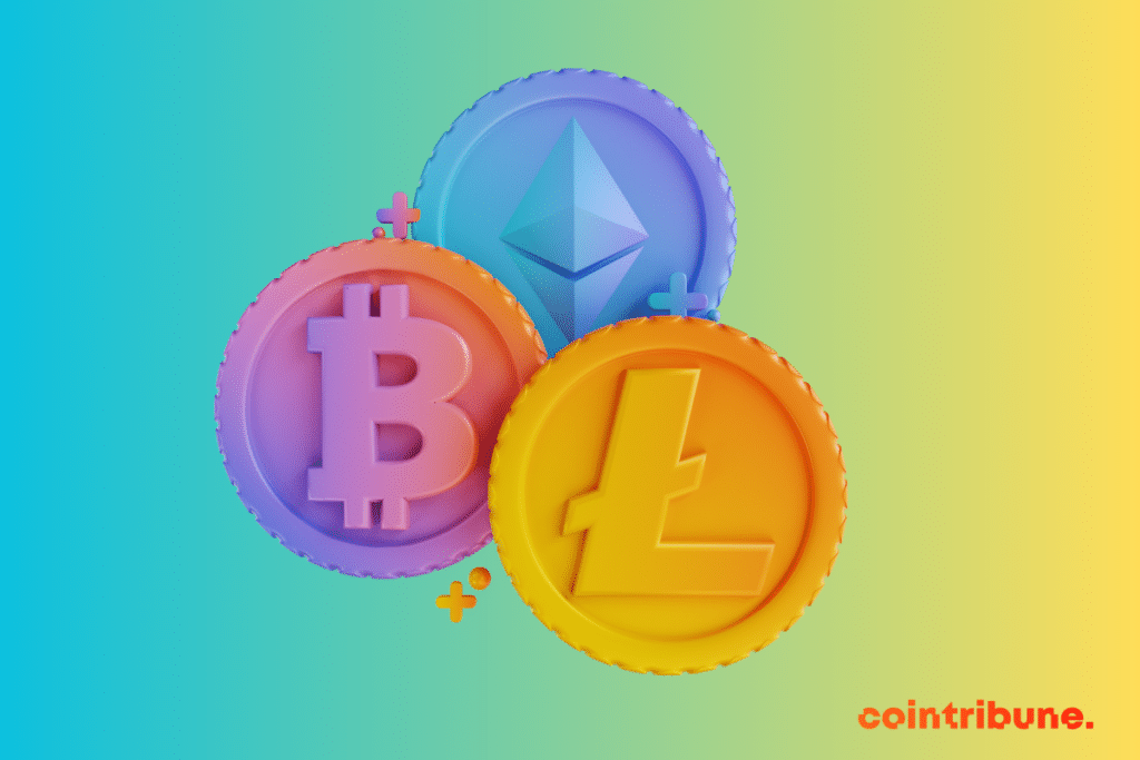 Image montrant une pièce du bitcoin, la cryptomonnaie phare, une pièce de la crypto Litecoin et une pièce d'ether