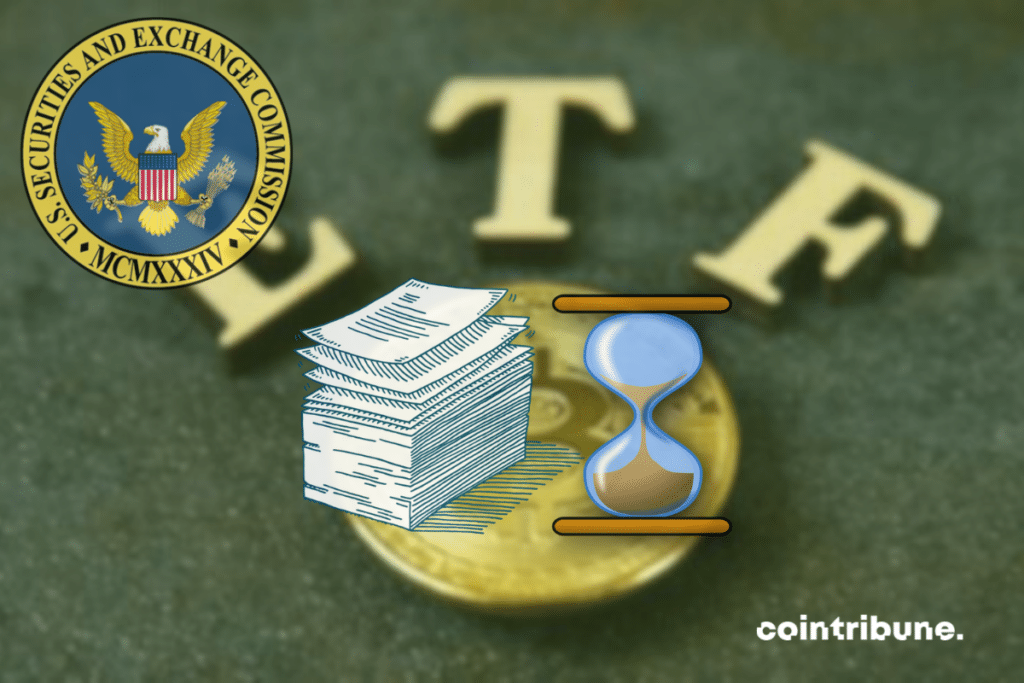Pièce de bitcoin, mention ETF, Pile de dossier, sablier, et logo de la SEC