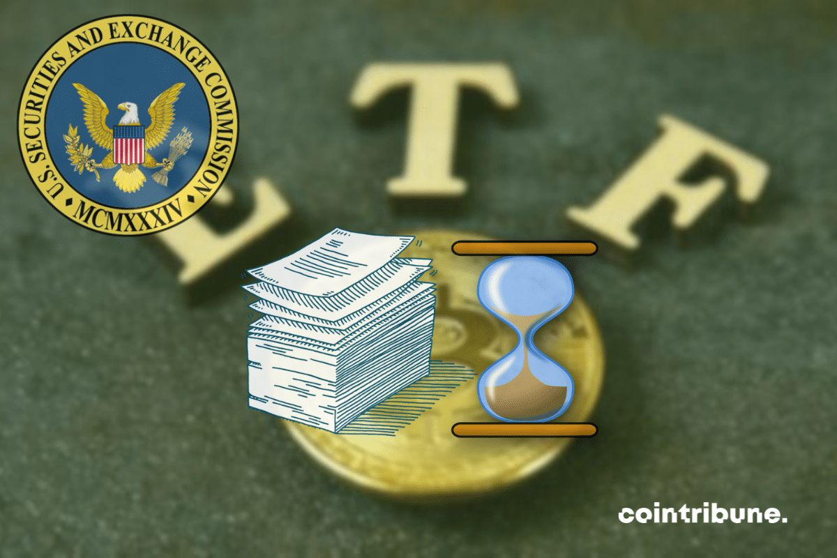 Bitcoin coin, ETF mention, file stack, hourglass, and SEC logo