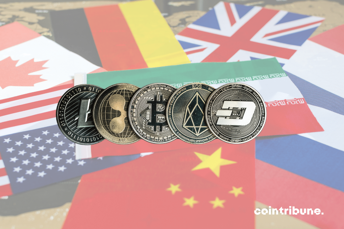 Pièces physiques de quelques cryptos, dont le bitcoin, avec en arrière plan, les drapeaux de plusieurs pays