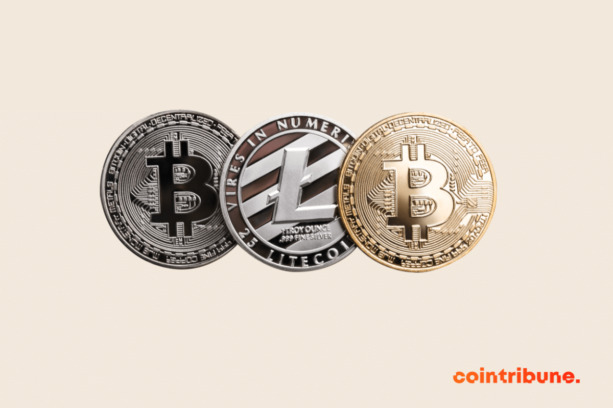 Pièces de quelques cryptos, dont le bitcoin, la cryptomonnaie phare et le litecoin