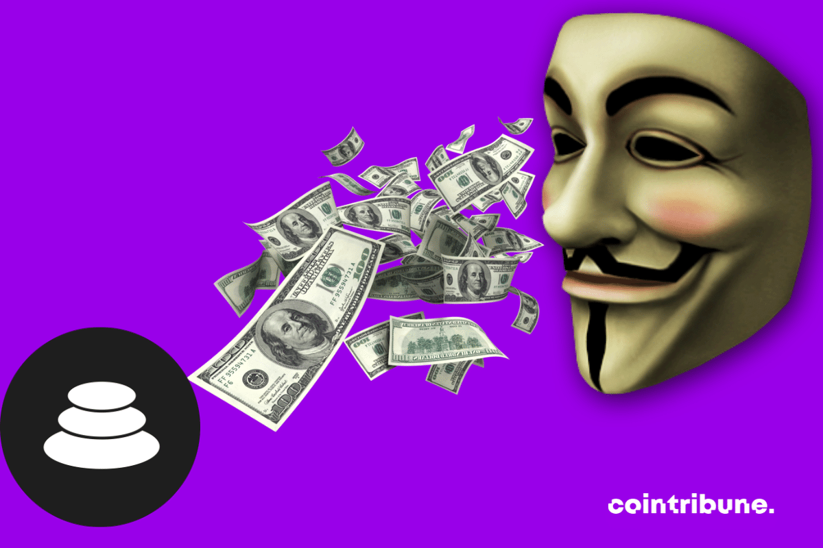 Masque Anonymous, billets de dollars, et logo de la crypto Balancer