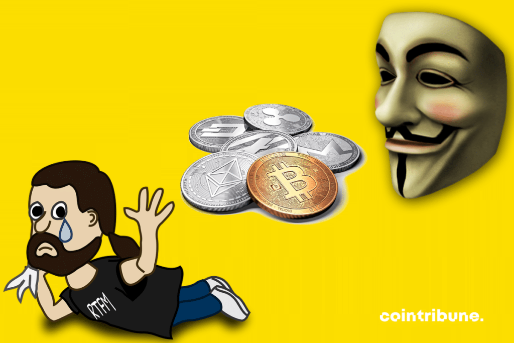 Images of a crying man, crypto coins and Anonymous mask