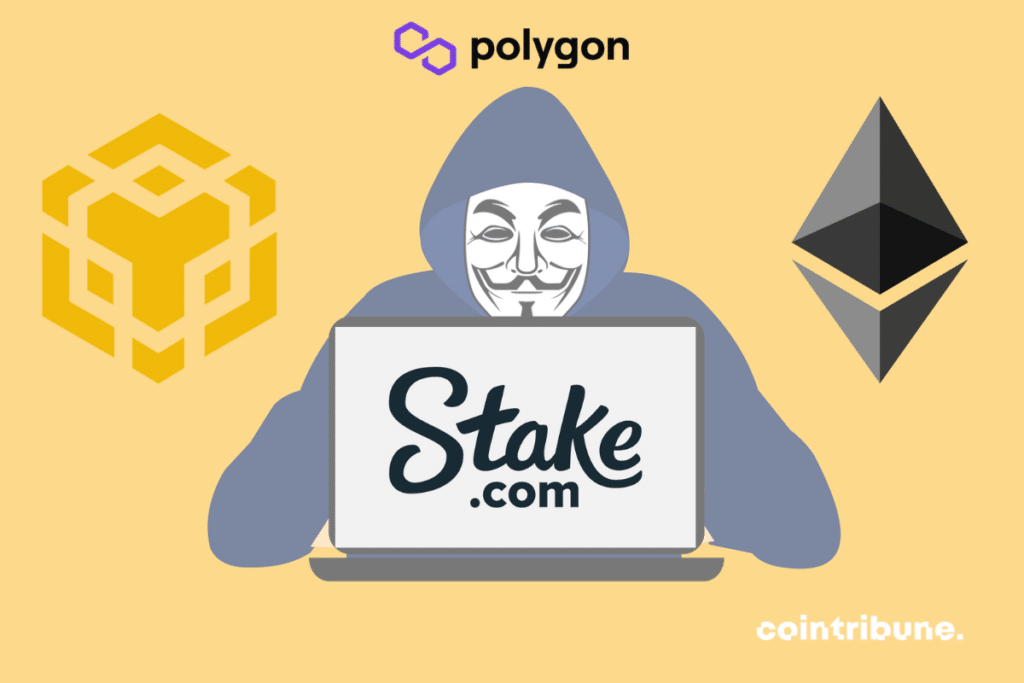 Photo de hacker, logos de Stake.com, Ethereum, Binance Smart Chain et Polygon