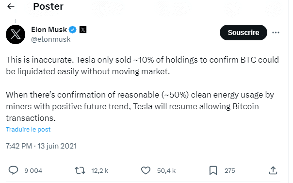 Tweet d'Elon Must datant de 2021 pour annoncer que Tesla ne va plus accepter Bitcoin dans les paiements