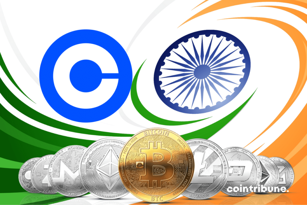 Drapeau de l'Inde, logo de Coinbase et pièces de cryptomonnaies