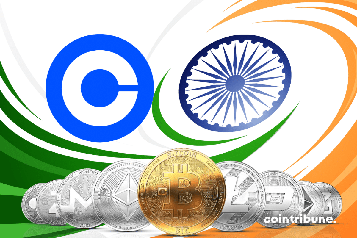 Drapeau de l'Inde, logo de Coinbase et pièces de cryptomonnaies