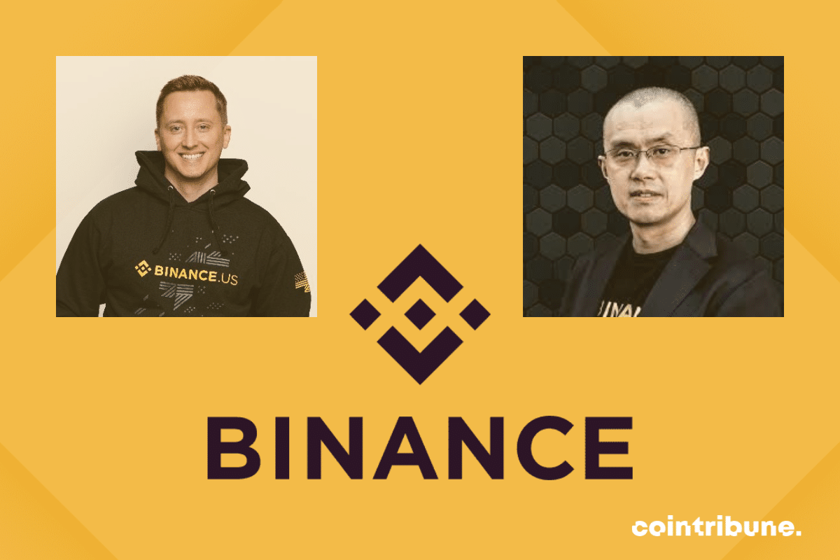 Photos de Brian Shroder et CZ, logo de Binance