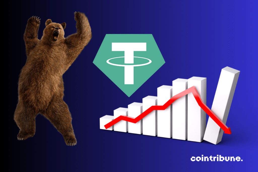 Image d'ours, de courbe descendante, et logo de l'USDT de Tether